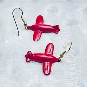 Vintage Small Red Metal Fighter Jet Dangle Earrings- NEW